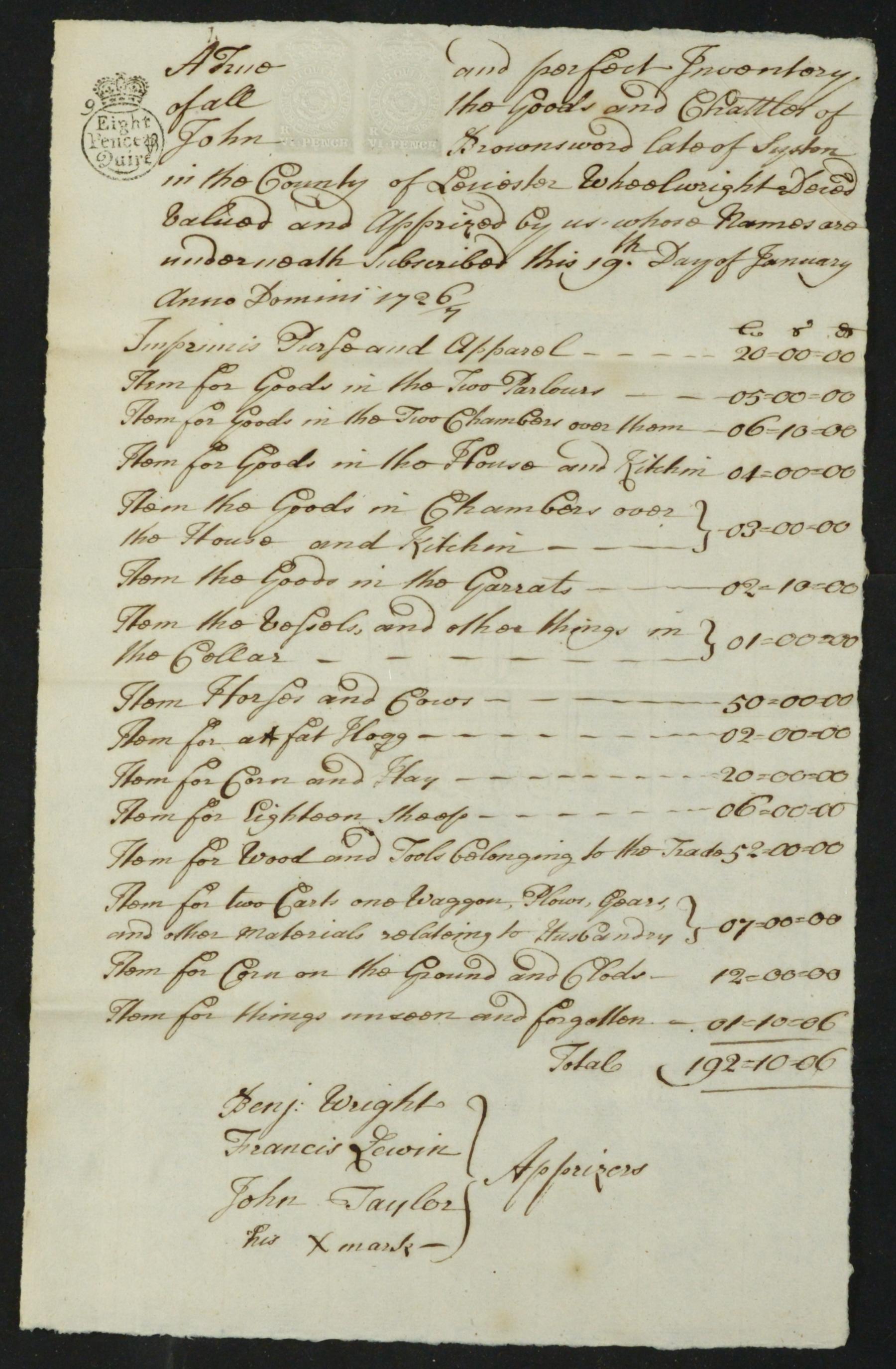 Inventory taken at John's death in 1726